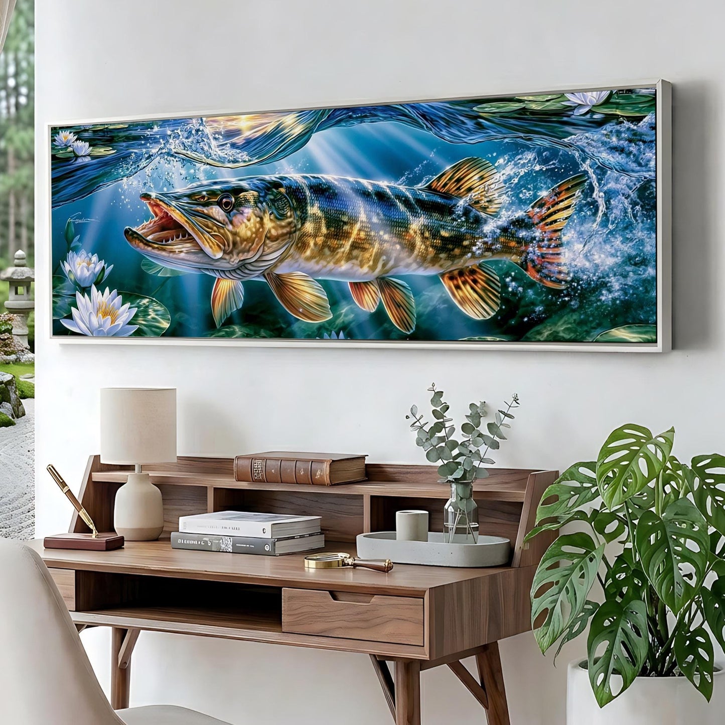 a large painting of a fish swimming in water, hanging on a wall above a wooden desk with various items on it.