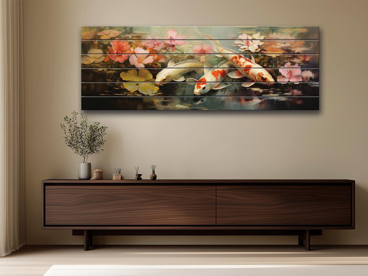 Koi Fish Wood Art | Wood Plank Art Featuring Soothing Koi Fish Painting