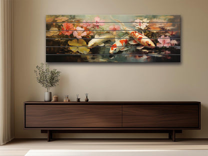 Koi Fish Wood Art | Wood Plank Art Featuring Soothing Koi Fish Painting