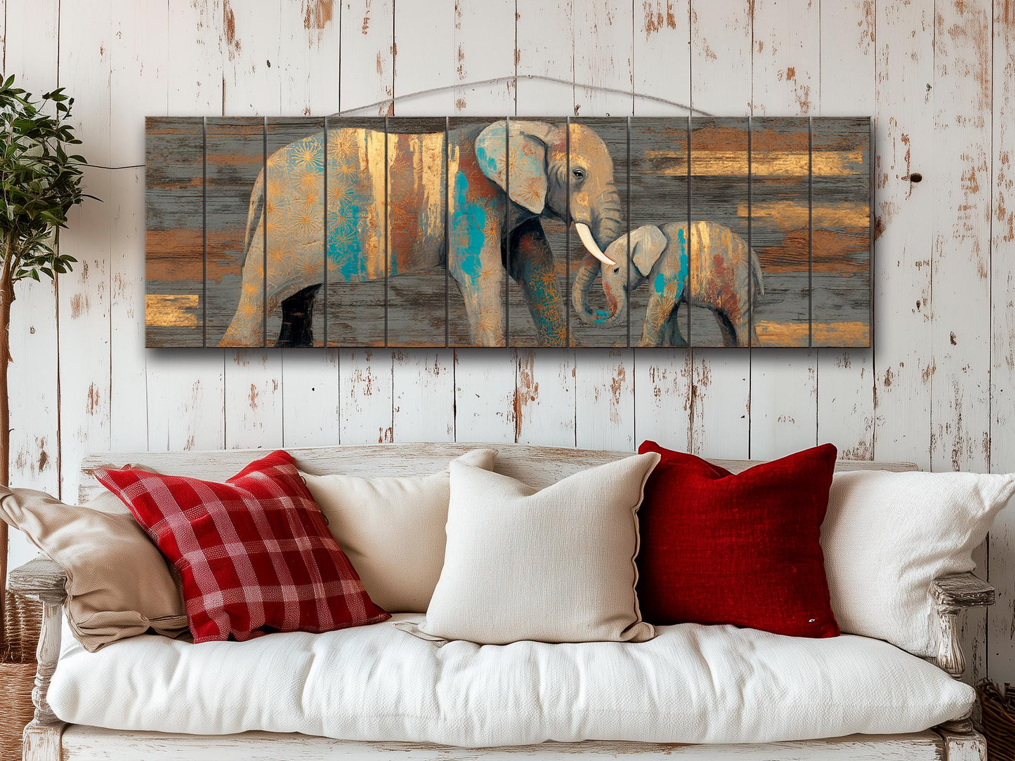 Wood Wall Art - Mother Elephant with Her Calf Print on Natural Wood, Elephants Wall Art, Rustic Elephants Painting, Country Wall Art