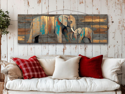 Wood Wall Art - Mother Elephant with Her Calf Print on Natural Wood, Elephants Wall Art, Rustic Elephants Painting, Country Wall Art