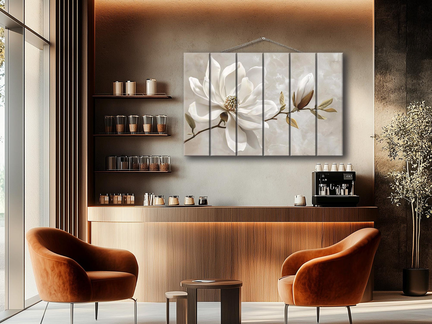Wood Wall Art – Magnolia Flower Print | Natural Wood Decor, Modern Floral Painting