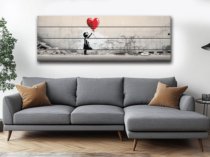 Wood Wall Art – Banksy Style Balloon Girl Poster | Rustic Wood Panel Decor