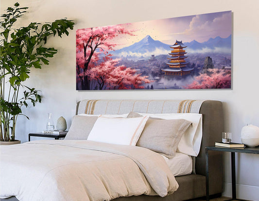 Fuji Mountain Canvas Print - Panoramic Sakura Blossom Japanese Wall Art, Ready to Hang