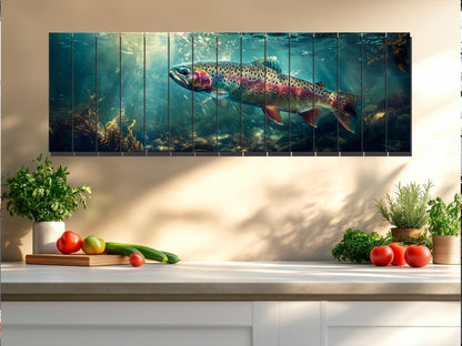 Rainbow Trout Wall Art – Wooden Wall Decor | Abstract Fish Poster on Wood Planks