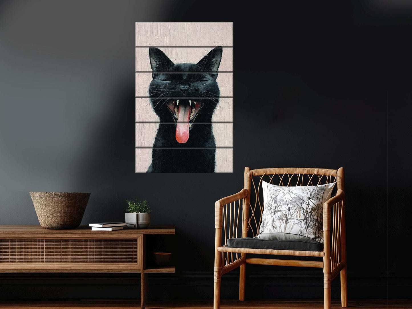 Black Cat Wall Art – Natural Wood Print | Minimalist Cat Decor, Rustic Wood Artwork