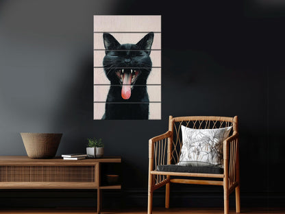 Black Cat Wall Art – Natural Wood Print | Minimalist Cat Decor, Rustic Wood Artwork