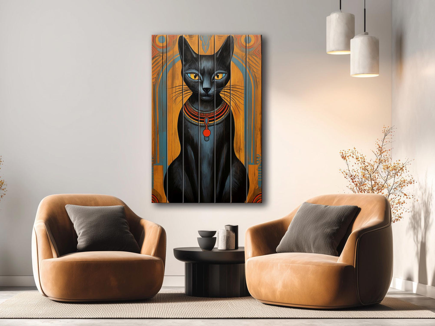 Black Cat Wall Art – Abstract Cat Print on Natural Wood Plank | Egyptian Style Decor
