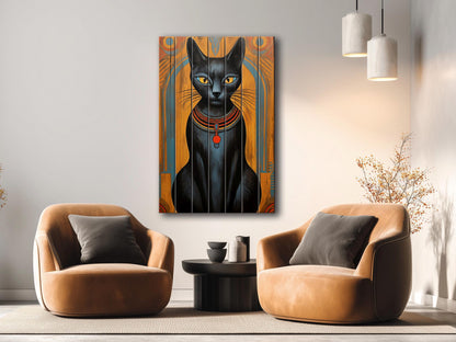 Black Cat Wall Art – Abstract Cat Print on Natural Wood Plank | Egyptian Style Decor