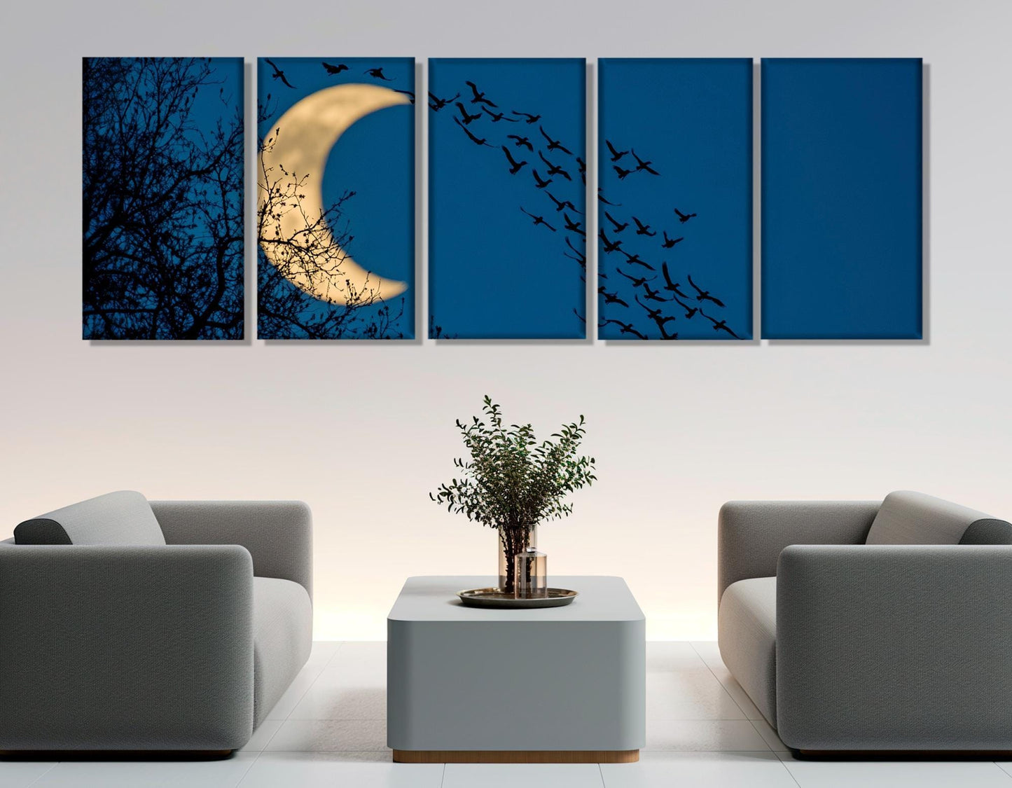 Abstract Night Sky Canvas – Framed Cotton Print with Crescent Moon Art & Birds