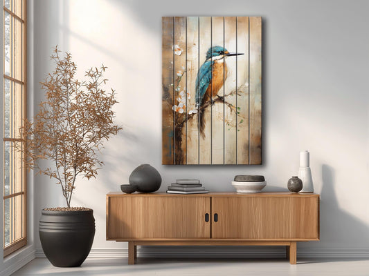 Vintage Kingfisher Wall Art – Rustic Wildlife Decor On Natural Wood Planks