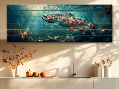 Rainbow Trout Wall Art – Wooden Wall Decor | Abstract Fish Poster on Wood Planks