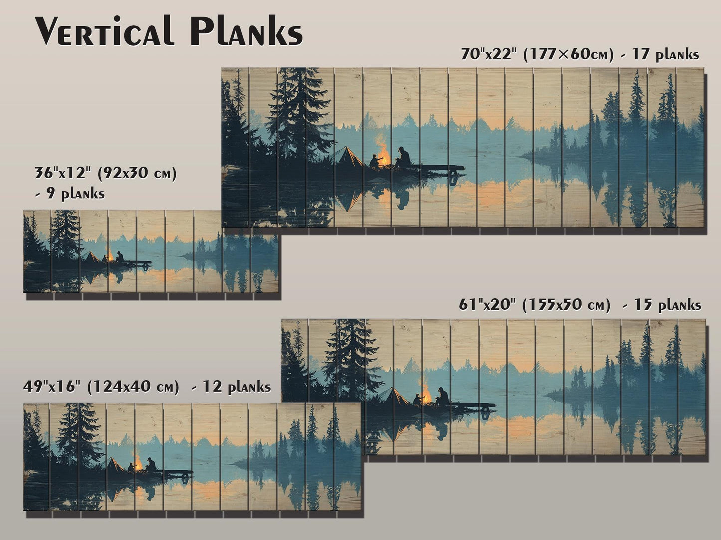 Campfire Print on Wood – Rustic Wood Decor with Mountain Lake and Warm Firelight