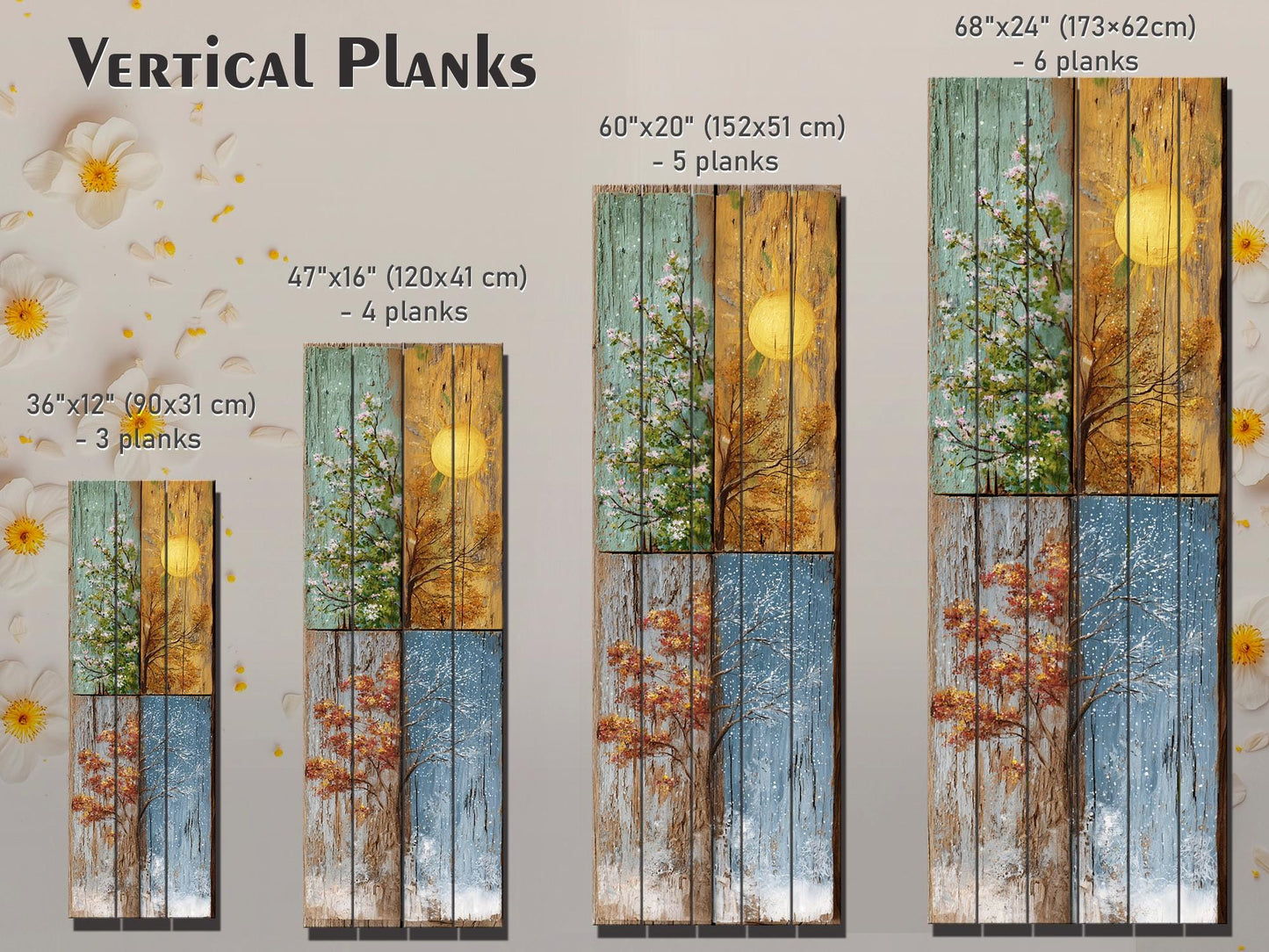 Rustic Wood Wall Art – Four Seasons Artwork on Natural Wood Planks | Cozy Living Room Decor