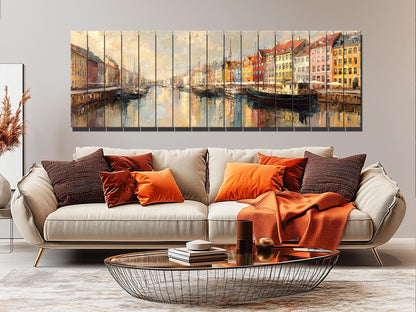 Copenhagen Harbor Wood Print – Rustic Wall Art with Colorful Building Art on Distressed Wood