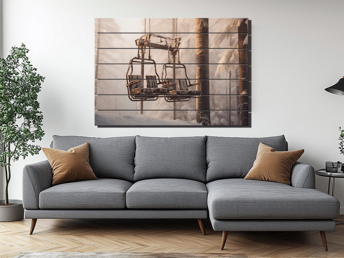 Retro Chairlift, Ski Lift Print On Natural Wood- Vintage Wall Art