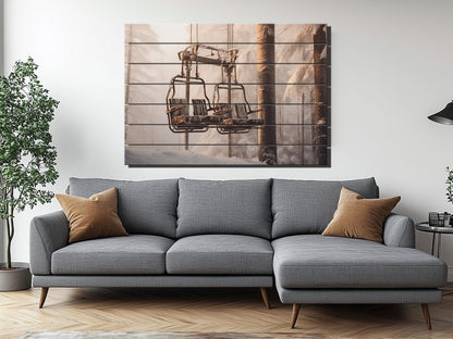 Retro Chairlift, Ski Lift Print On Natural Wood- Vintage Wall Art