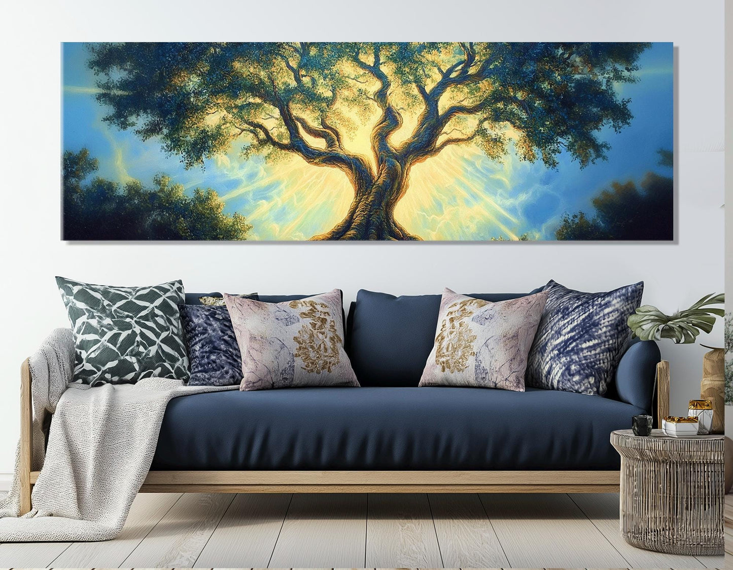 Abstract Glowing Tree Canvas Print, Fantasy Tree Painting, Meditation Wall Art, Large Tree in Sun Lights Poster, Framed and Ready to Hang
