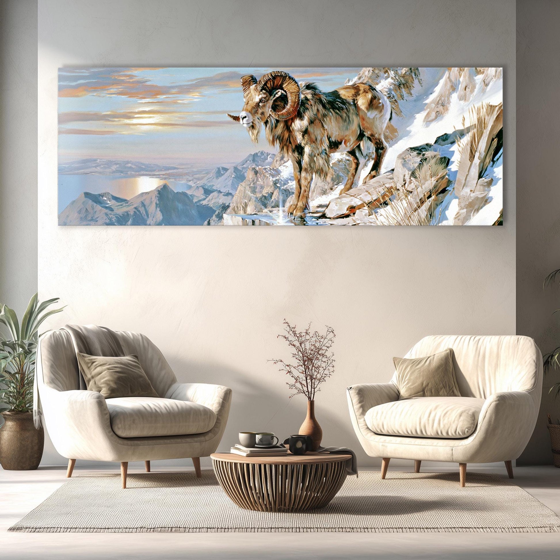 a large painting of a ram on a snowy mountain, hanging on a wall above a living room with two white armchairs and a coffee table.