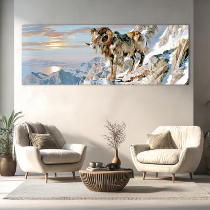 a large painting of a ram on a snowy mountain, hanging on a wall above a living room with two white armchairs and a coffee table.