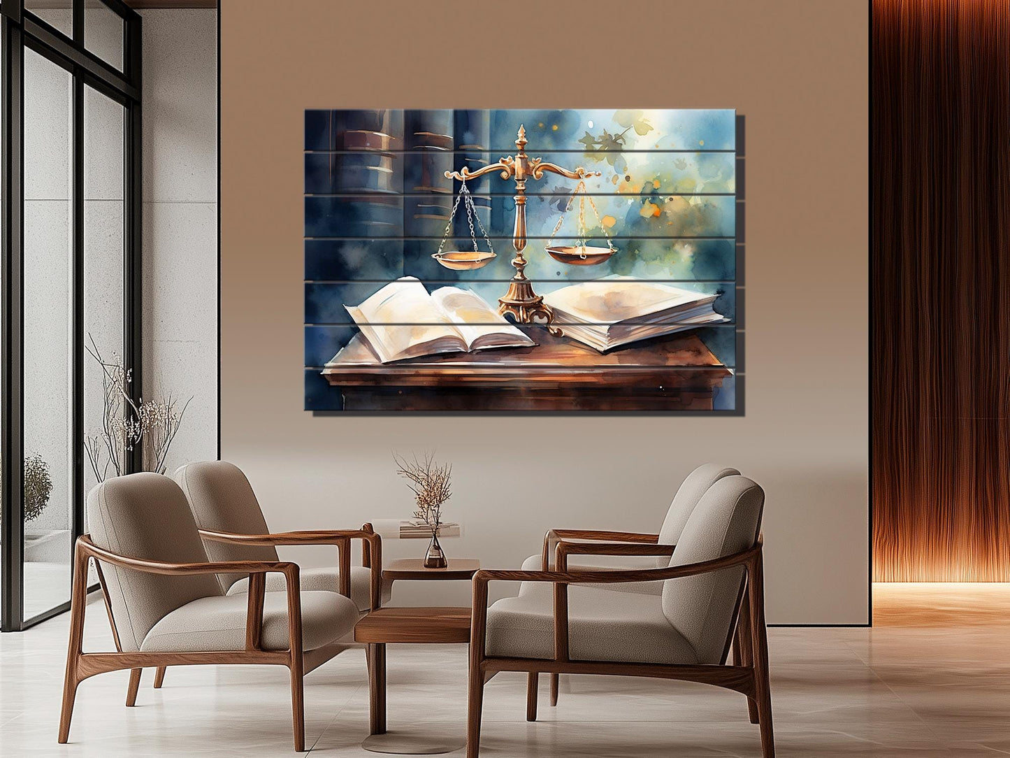 Justice Scales Wall Art – Rustic Wooden Decor with Natural Wood Painting for Lawyer Office