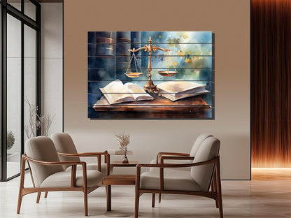 Justice Scales Wall Art – Rustic Wooden Decor with Natural Wood Painting for Lawyer Office