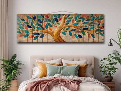 Tree of Life Wall Art - Handcrafted Wood Wall Decor with Colorful Rustic Tree Print