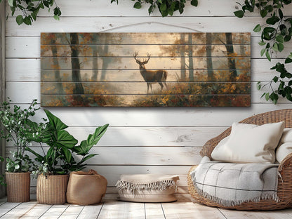 Rustic Wood Wall Art - Majestic Deer in a Misty Enchanted Forest Print on Natural Wood, Soft Tones Deer Wall Art, Hunting Cabin Wall Decor