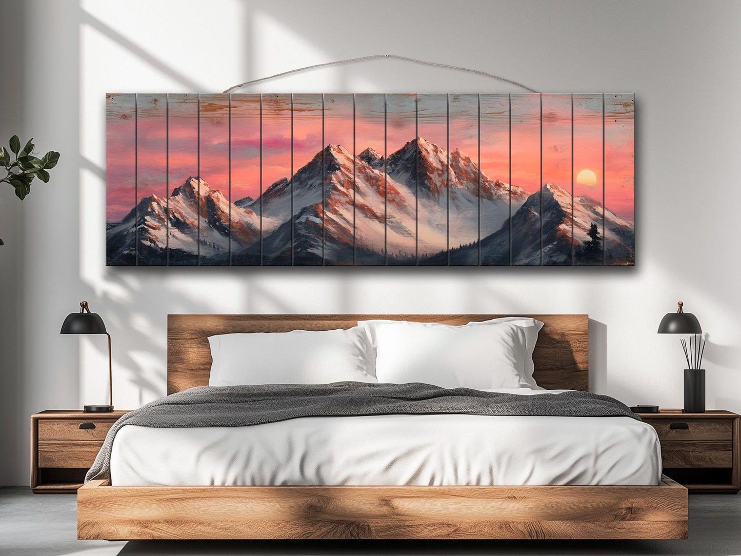 Mountain Landscape at Sunset with Snow-Capped Peaks Print on Natural Wood, Mountains Sunset Painting, Mountains Rustic Wood Wall Art