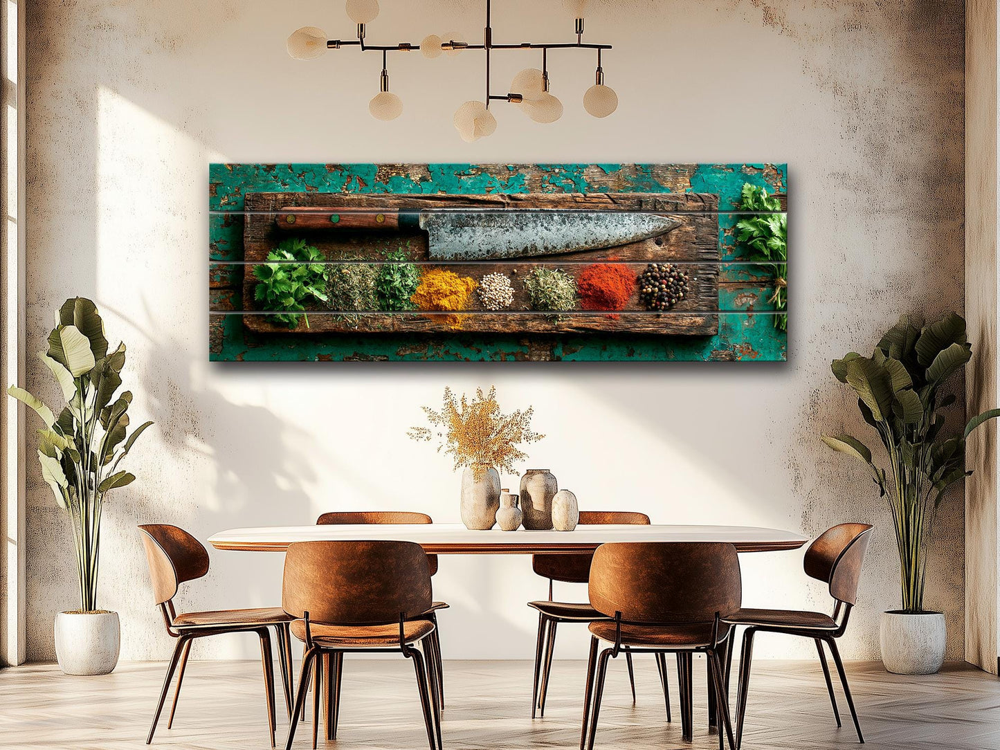Rustic Kitchen Wall Art – Chef Knife Wood Print with Herbs on Peeling Paint
