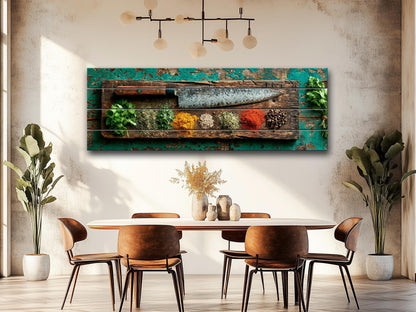 Rustic Kitchen Wall Art – Chef Knife Wood Print with Herbs on Peeling Paint