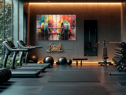 Barbell Wall Art – Abstract Wood Plank Painting | Gym Wall Decor, Motivational Gym Poster