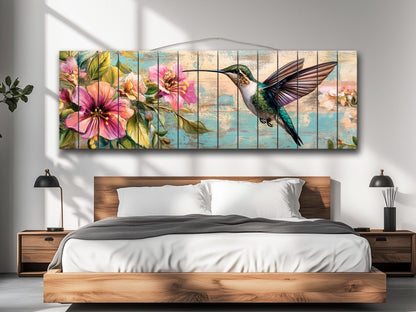Hummingbird Wood Art – Tropical Floral Print | Rustic Wood Wall Decor, Ready to Hang
