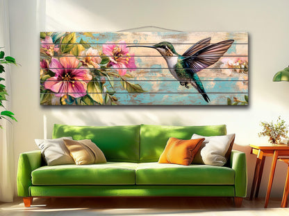 Hummingbird Wood Art – Tropical Floral Print | Rustic Wood Wall Decor, Ready to Hang