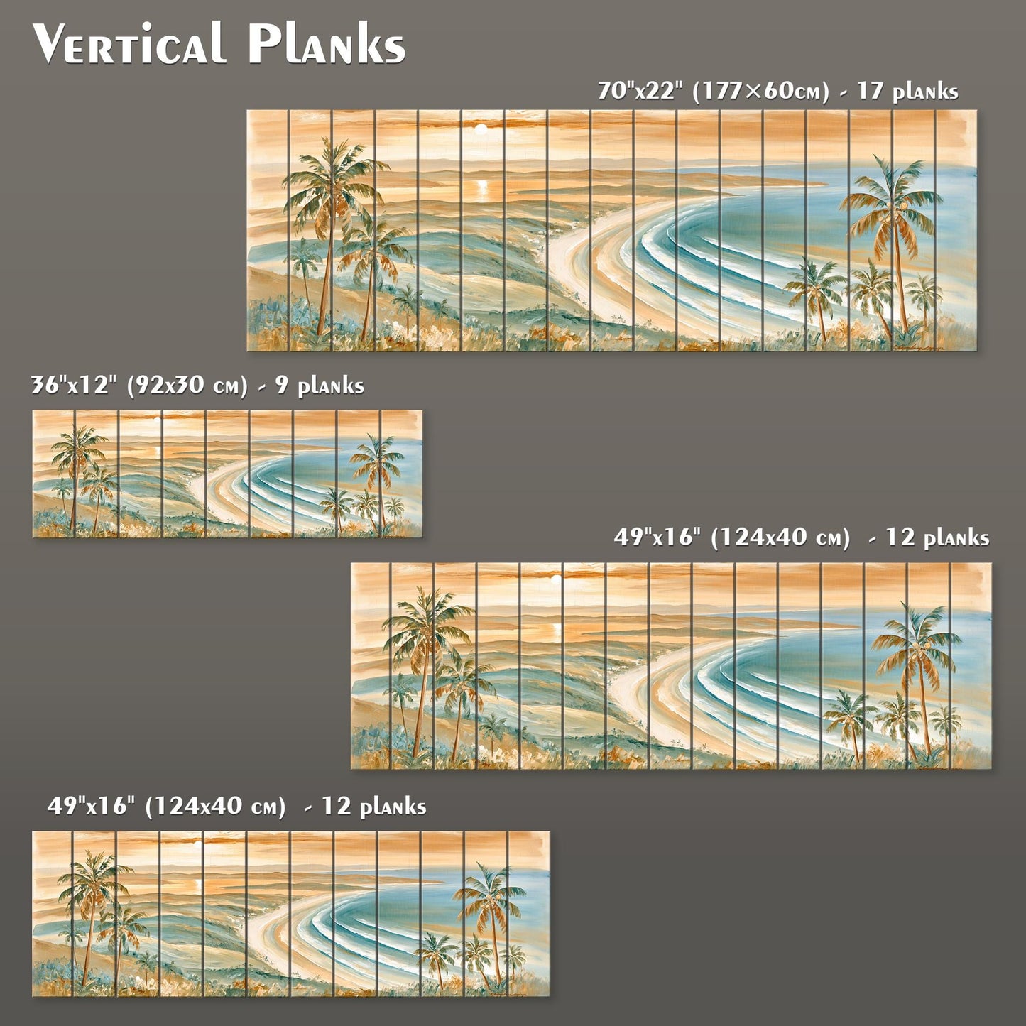 The image is a collage of four different sizes of vertical plank images depicting a beach scene with palm trees and a sunset.
