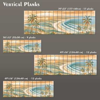 The image is a collage of four different sizes of vertical plank images depicting a beach scene with palm trees and a sunset.