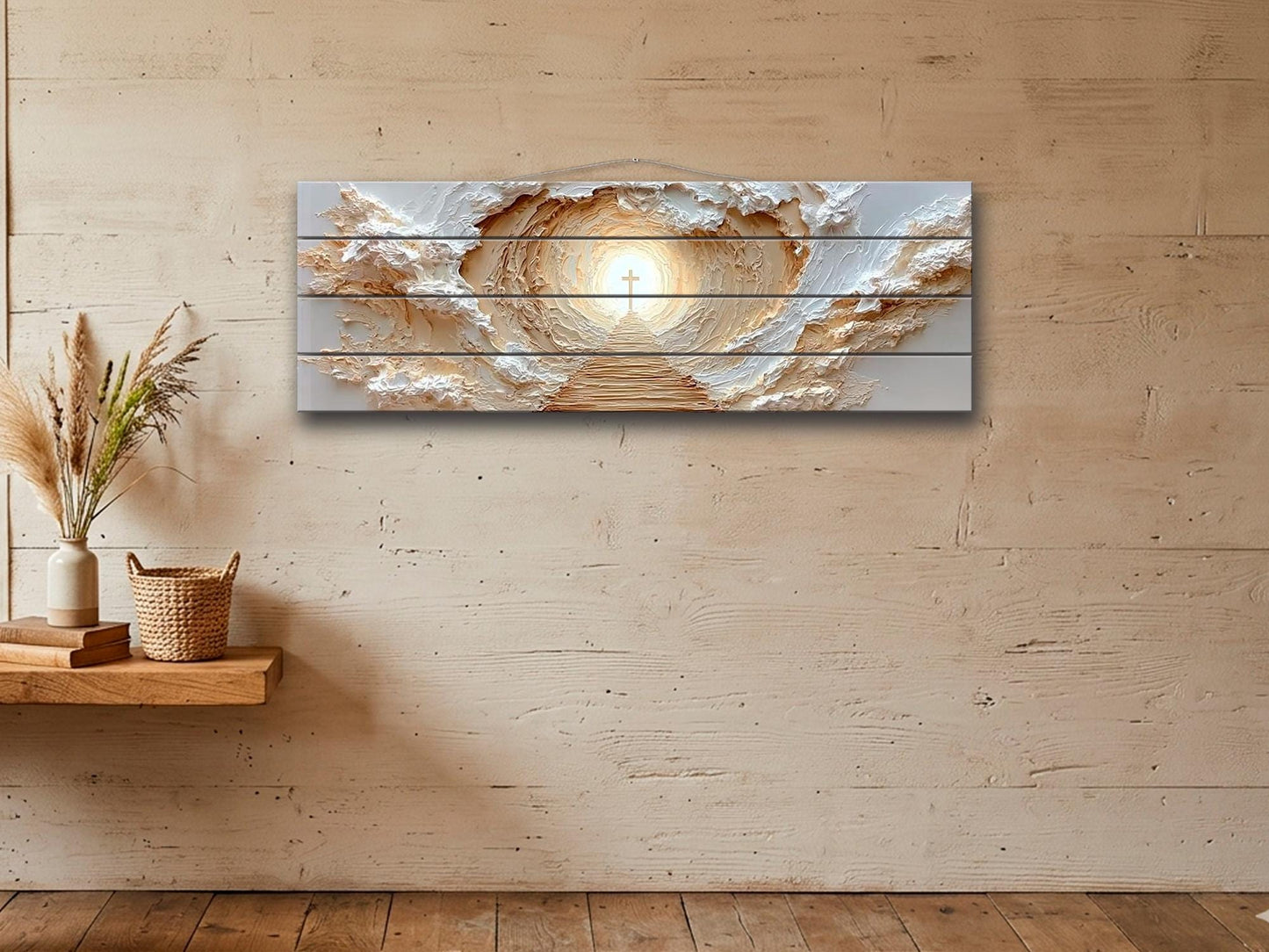 Path to Glowing Cross Print on Natural Wood, Christian Wall Art