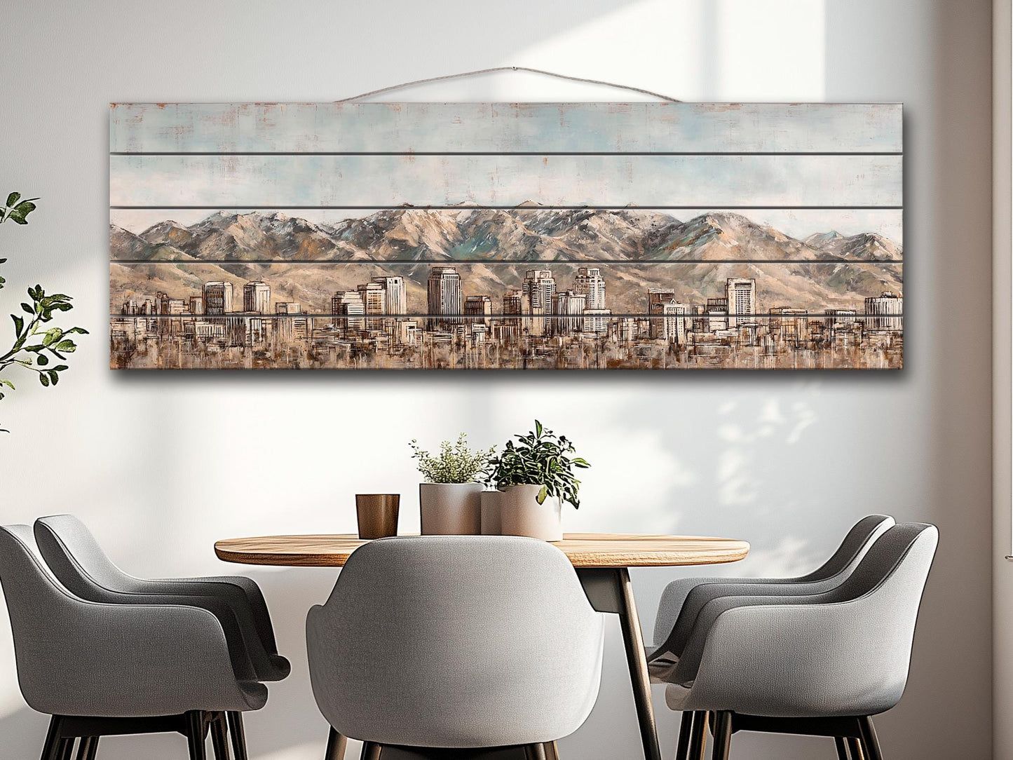 Salt Lake City Wood Print – Rustic Wall Art | Mountain Panoramic Painting On Distressed Wood