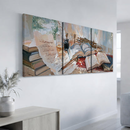 a large painting of a table with various objects, including books, a vase, and a bottle, displayed on a wall.