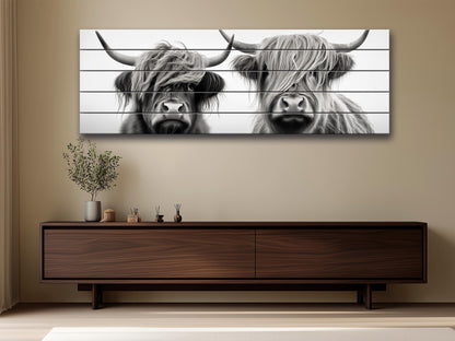Highland Cows Wall Art - Rustic Wood Wall Decor with Romantic Cow Painting on Natural Wood