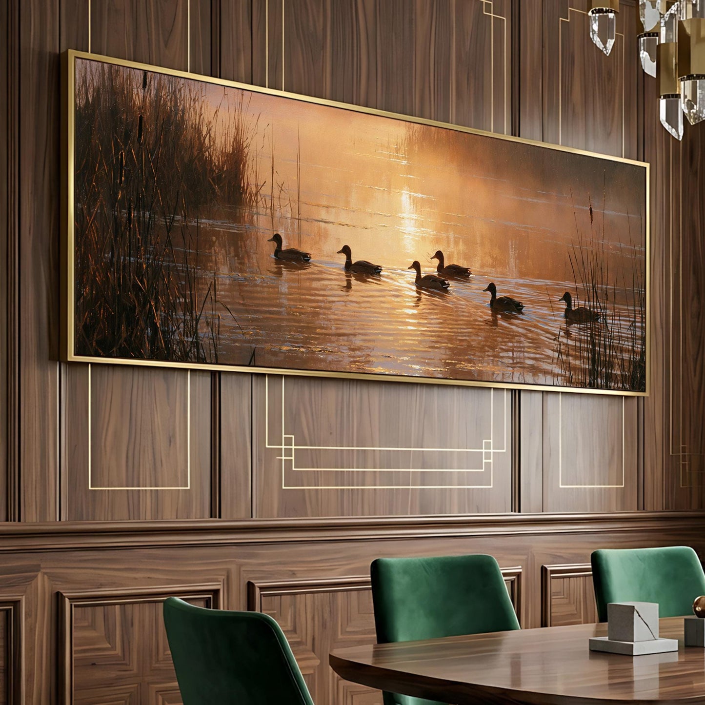 a large painting of ducks swimming on a lake, with a warm sunset in the background.