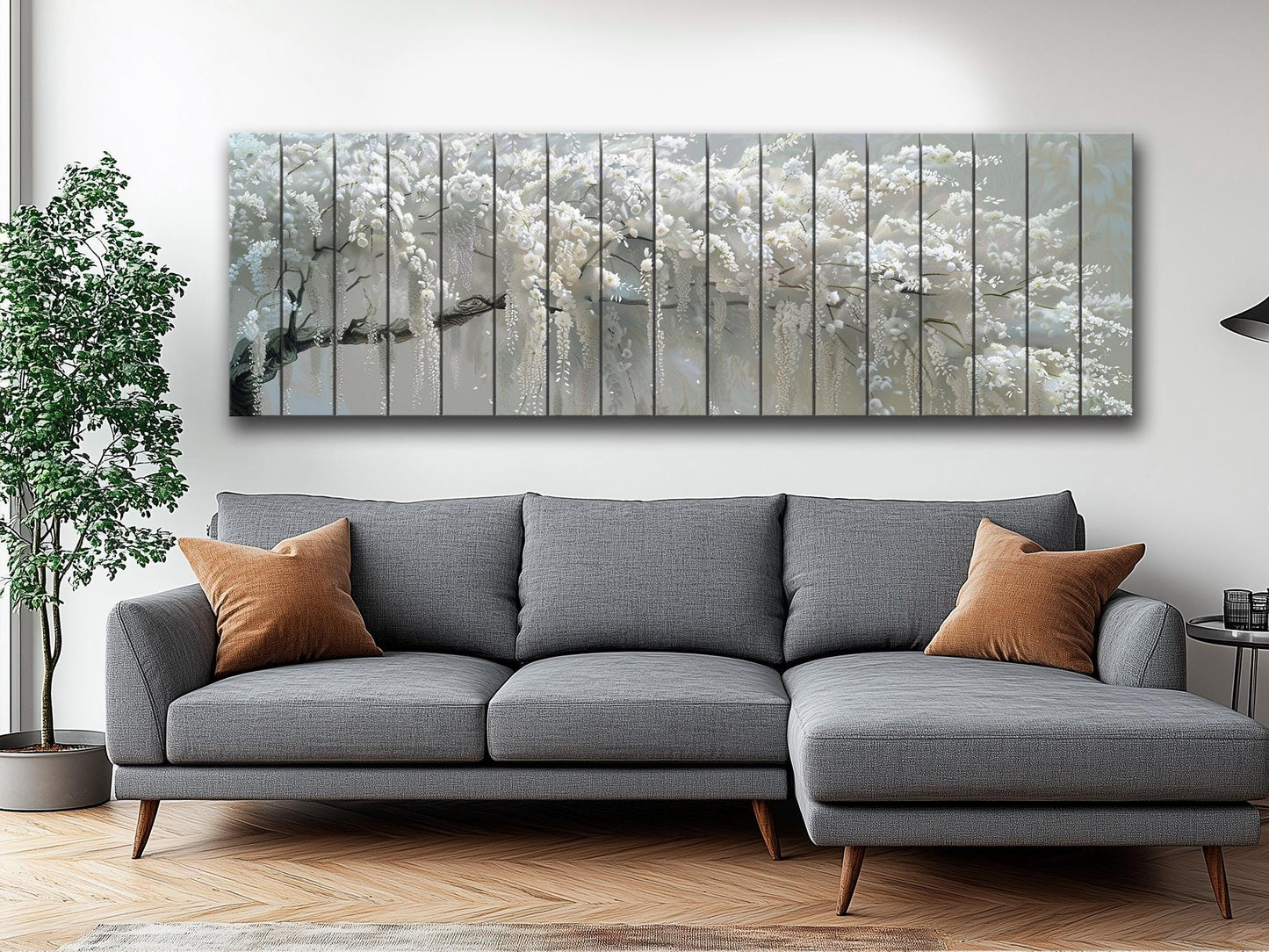 Abstract White Wisteria Tree Blossom Print On Natural Wood