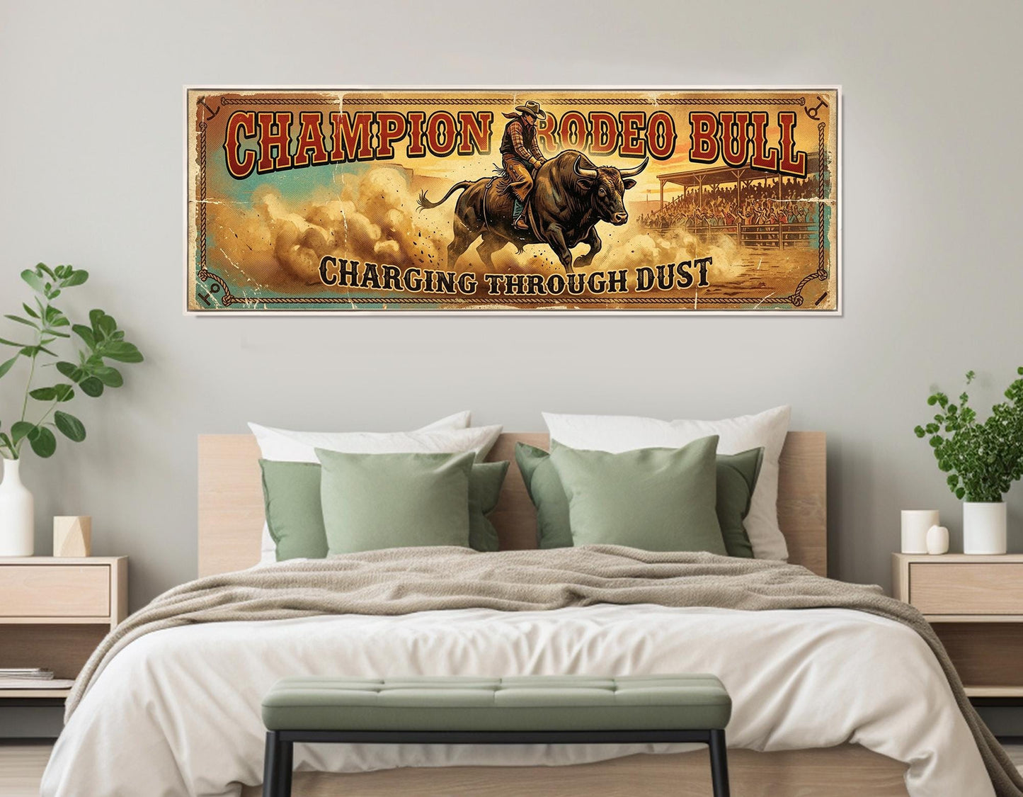 Majestic Rodeo Bull Canvas Print, American Flag, Large Western Wall Art, Framed and Ready to Hang