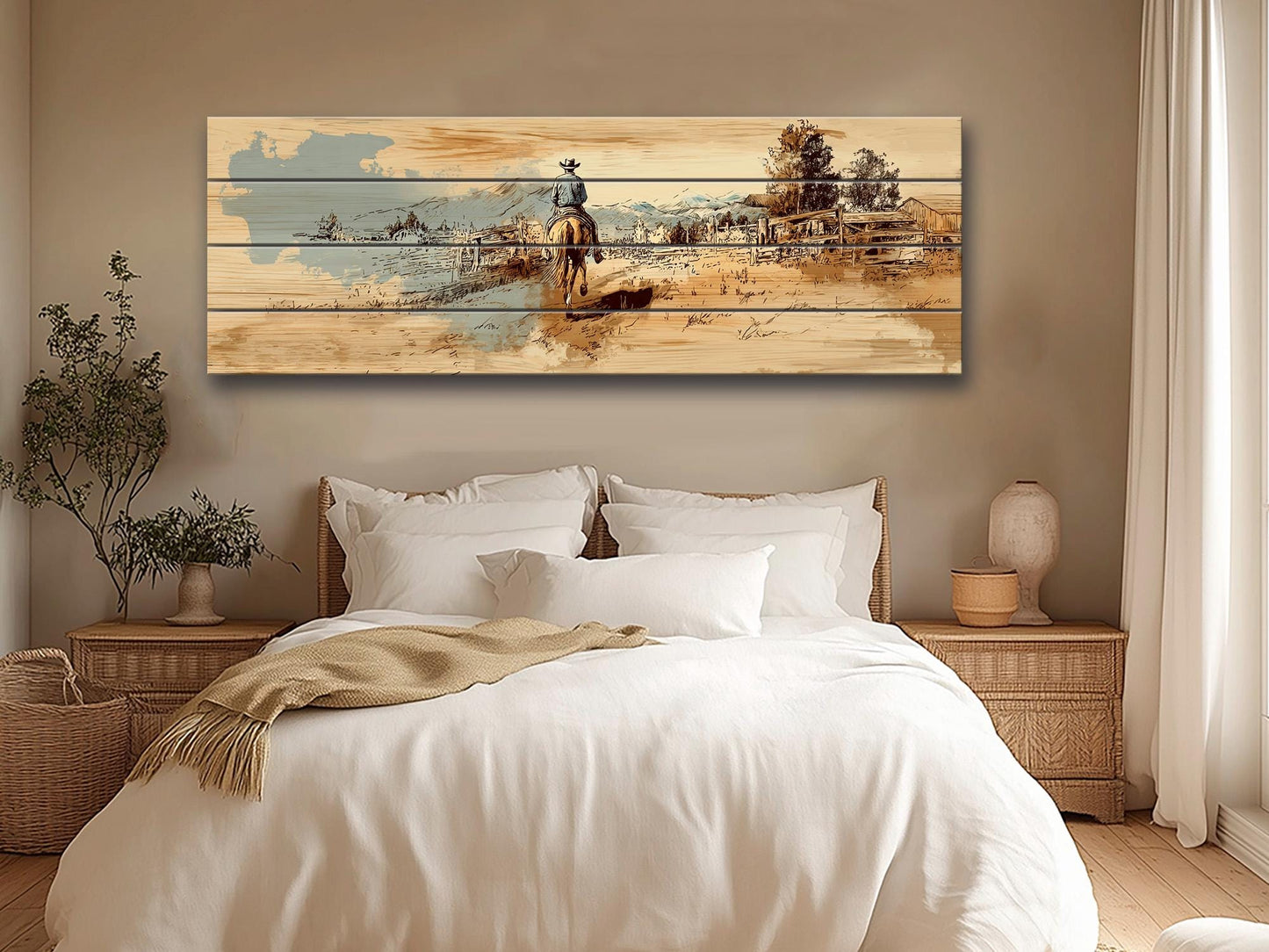 Cowboy Wall Art – Lone Rider Prairie Painting on Rustic Wood Print