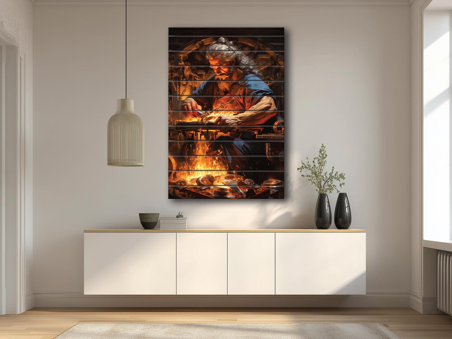 Hephaestus Wood Print – Rustic Blacksmith Wall Decor | Natural Wood Art Panel