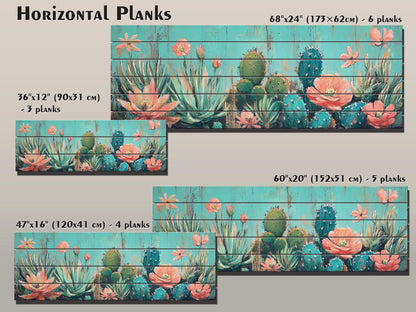 Cacti Garden with Blooming Succulents Print on Natural Wood, Rustic Flowers Painting, Cozy Cabin Wall Decor, Cactus Painting, Wood Wall Art