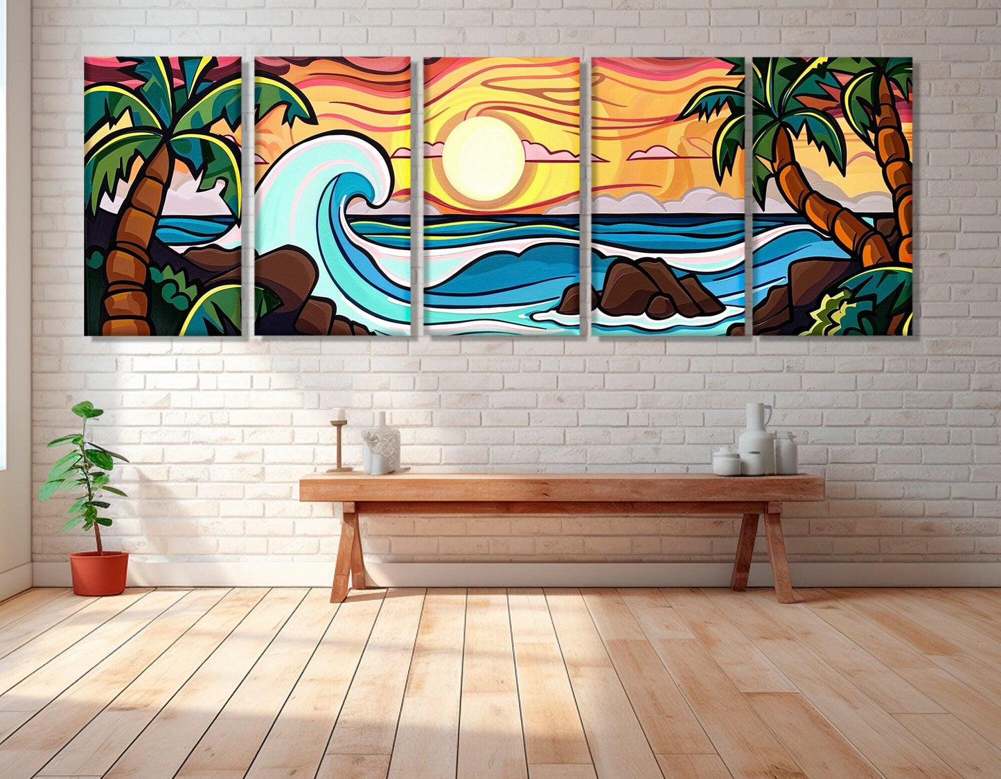 Abstract Tropical Canvas Art, Sea and Palms Painting Canvas Print, Tropical Painting, Abstract Tropical Landscape, Framed and Ready to Hang