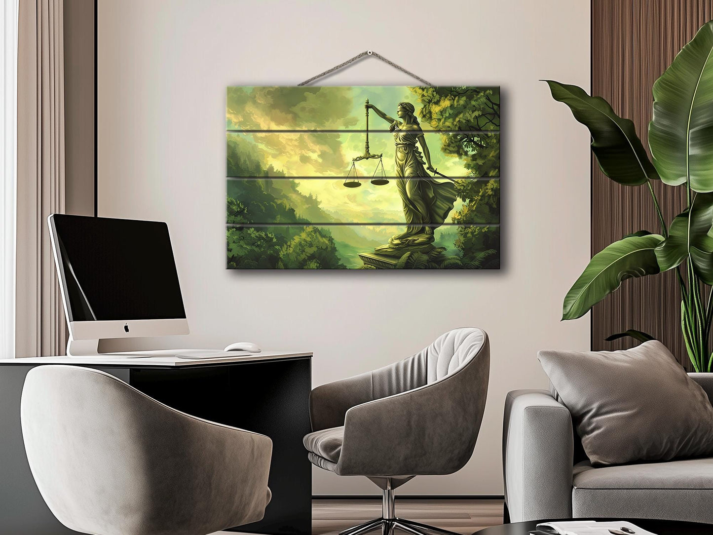 Lady Justice Wall Art - Wooden Wall Decor | Justice Statue Painting on Wood Print