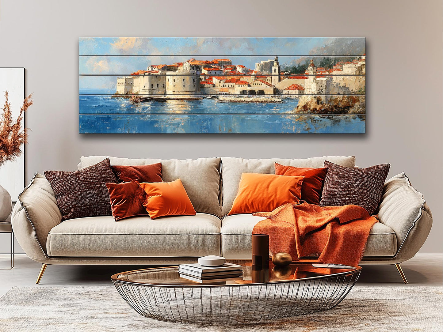 Dubrovnik Wood Print – Rustic Coastal Wall Art With Beige Sunlight Painting