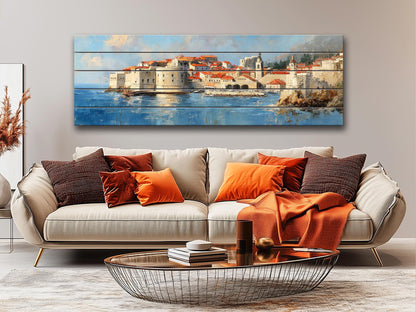 Dubrovnik Wood Print – Rustic Coastal Wall Art With Beige Sunlight Painting